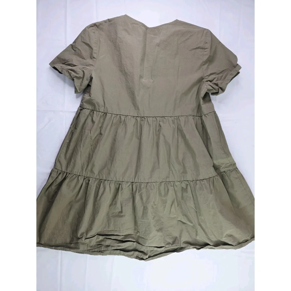 Madewell Baby Doll Button-Front Short-Sleeve Tiered Mini Dress Olive Green M - Picture 3 of 6